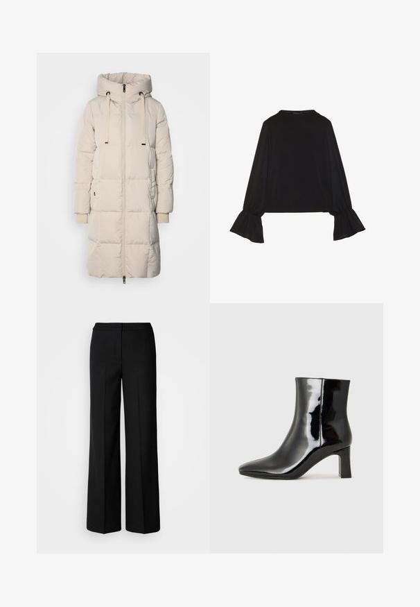 Lang, lys beige polstret jakke med hætte, frontlynlås, snoretræk og ribbede manchetter. Glat tekstur med en quilted design.; Sort langærmet top med flagrende manchetter, blød tekstur og en afslappet pasform, samt en enkel rund halsudskæring.; Sorte brede bukser i glat stof, med høj talje, skræddersyede sømme og et minimalistisk design. Ingen synlig hardware eller lommer.; Sort lakeret ankelstøvle med spids tå og en midt-højde blokhæl. Glat tekstur og minimalistisk design.