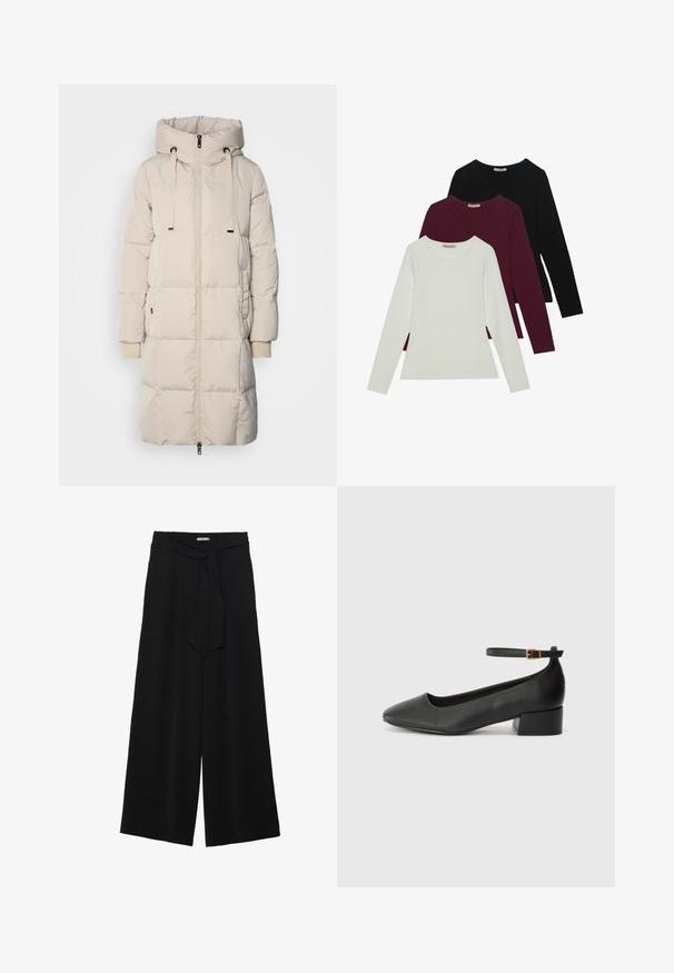 Long, light beige padded coat with a hood, front zipper, drawstring, and ribbed cuff details. Smooth texture with a quilted design.; Long-sleeve t-shirts in white, burgundy, and black. Made of soft fabric with a round neckline and fitted design. Suitable for layering.; Black wide-leg pants featuring a textured fabric, an elastic waistband, and a detachable sash tie at the waist for adjustable fit.; Black leather pump with a pointed toe and a low block heel. Features an ankle strap with a gold-tone buckle. Smooth texture.