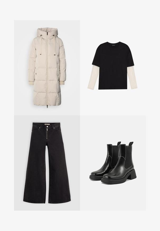 Manteau rembourré long, beige clair, avec capuche, fermeture éclair devant, cordon de serrage et détails à bord côtelé. Texture lisse avec un design matelassé.; T-shirt noir en coton, avec des manches courtes sur une couche à manches longues blanche avec un motif texturé subtil. Col rond.; Jean large en denim noir avec une fermeture éclair à l'avant, un design à cinq poches et des détails de couture subtils. Texture lisse et style décontracté.; Bottes Chelsea en cuir noir avec un talon épais, des panneaux latéraux élastiques et des coutures blanches contrastantes. Fini texturé.