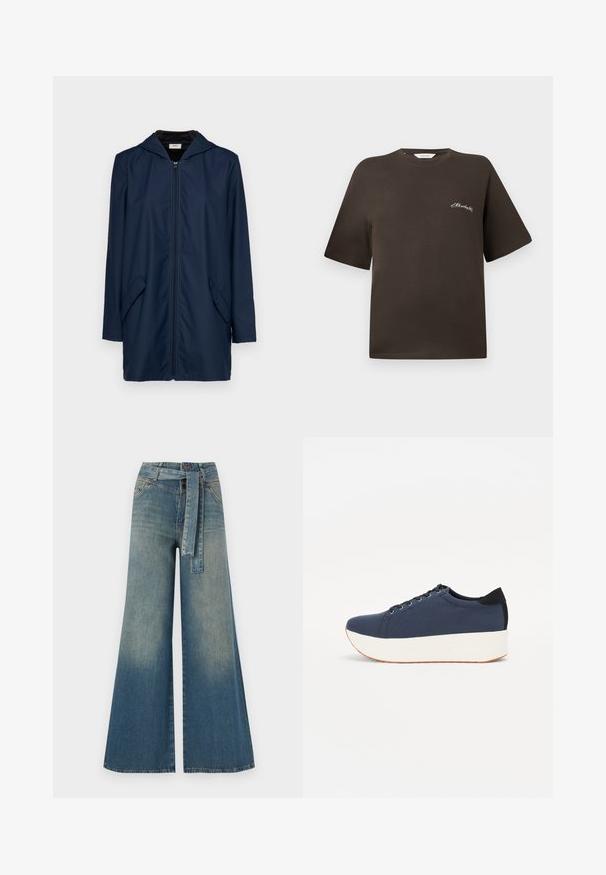 Tengerészkék vízálló dzseki kapucnival, cipzáros elülső záródással, két oldalsó zsebbel és laza szabással. Simán tapintható anyag és könnyű dizájn.; Barna pamut póló rövid ujjakkal, enyhén bő szabással, kerek nyakkivágással, bal mellrészen egy kis fehér hímzett szöveggel.; Bőszárú farmernadrág, világos és sötétkék árnyalatokkal, magas derekú, övgyűrűkkel és a nadrággal megegyező anyagú övvel. Textúrált farmer kivitel.; Sötétkék sportcipő, texturált szövet felsőrész, fehér platform talp, lekerekített orr és fekete sarok akcentussal. Hat fűzőlyuk található rajta.