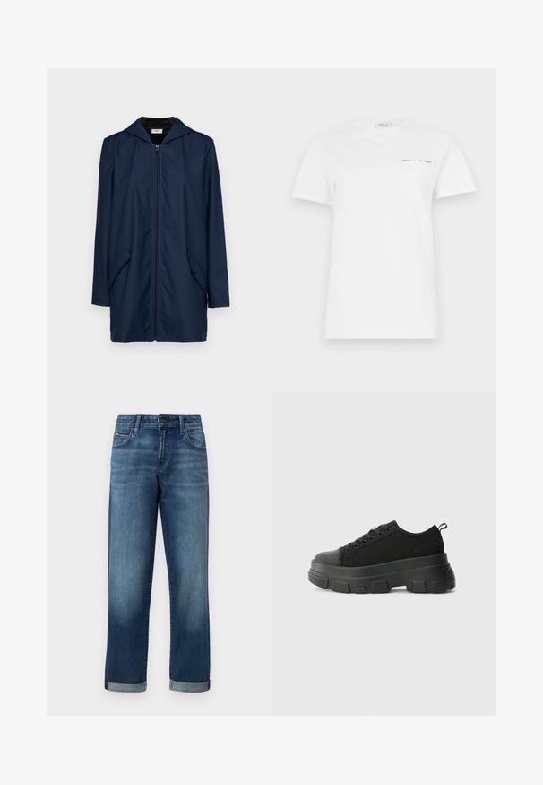 Mörkblå vattentät jacka med huva, med dragkedja fram, två sidofickor och en avslappnad passform. Slät textur och lätt design.; Vit bomull t-shirt med rund hals, korta ärmar och en vänsterbröstficka. Har ett litet svart tryck med texten "REPLAY EST 1981."; Denimjeans i en medelblå tvätt med rak benstil, med uppvikta fållar och minimal slitning. Klassisk femfickdesign.; Svarta sneakers med en kraftig gummisula, texturerad tygöverdel, rund tå och snörning. Har förstärkta öglor och dragflik bak.