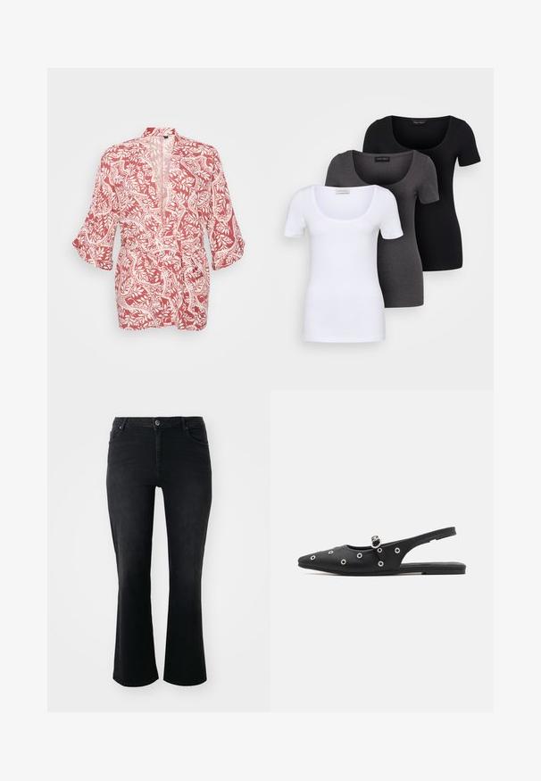 Červený a bílý kimono styl kabát s květinovým a vinným vzorem, lehká tkanina, otevřený přední díl a tři čtvrtinové rukávy.; Tři přiléhavé trička v bílé, šedé a černé barvě. Každé má široký výstřih a krátké rukávy. Vyrobeno z hladké, pružné tkaniny.; Černé džíny z denimu s prostřední výškou pasu, předním zapínáním na knoflík, dvěma předními kapsami, dvěma zadními kapsami a rozšířeným střihem nohavic.; Černé slingback boty s špičatou špičkou, hladkým povrchem, stříbrnými kovovými očky a sponou. Plochá podrážka s minimálním profilem.