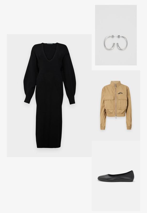 Veste beige cintrée avec un col haut, fermeture éclair à l'avant et deux grandes poches poitrine, dotée de poignets élastiques et d'un logo sur le côté gauche.; Robe en tricot noire avec un décolleté en V profond, de longues manches volumineuses et des détails en relief sur le corsage.; Ballerines en cuir noir avec un bout rond, texture lisse, détails de couture minimalistes et design de semelle flexible.; Boucles d'oreilles en argent avec une finition lisse et brillante. Forme arrondie, conception légère, avec un fermoir à tige.
