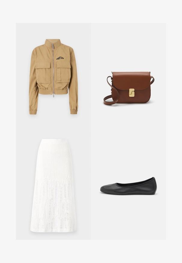 Nupirkta kreminė striukė su aukštu apykakle, priekine užtrauktuku ir dviem didelėmis krūtinės kišenėmis, su elastinėmis rankovėmis ir logotipu kairėje pusėje.; Balta trumpa rankovėmis marškinėliai, pagaminti iš pasiruošusio audinio. Apvali iškirptė, reguliari tinkamumas ir subtilūs siuvimo detalės. Be raštų ar grafikos.; Balta megzta midi sijoninė su tekstūruotu raštu, vertikaliomis linijomis ir išpjovomis arti apatinės dalies. Elastinga juostos dalis. Minkšta medžiaga.; Juodai odiniai baletai su apvaliu pirštu, lygi texture, minimalus siuvimo detales ir lanksčiu padų dizainu.; Ruda odinė rankinė su uždaromu dangteliu, aukso spalvos detalėmis, petneša ir lygiu paviršiumi. Kompaktiška stačiakampio formos.