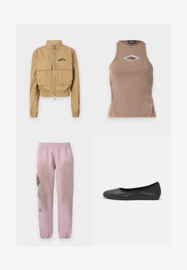 Giacca beige tagliata con colletto alto, zip frontale e due grandi tasche sul petto, dotata di polsini elasticizzati e logo sul lato sinistro.; Top a canotta marrone a coste con design senza maniche, scollatura tonda e un taglio a diamante con dettaglio in metallo argentato.; Pantaloni della tuta rosa con vita elastica, caratterizzati da toppe decorative a forma di diamante sul lato sinistro e polsini elastici alle caviglie.; Pantofole da balletto nere in pelle con punta arrotondata, texture liscia, dettagli di cucitura minimi e design con suola flessibile.
