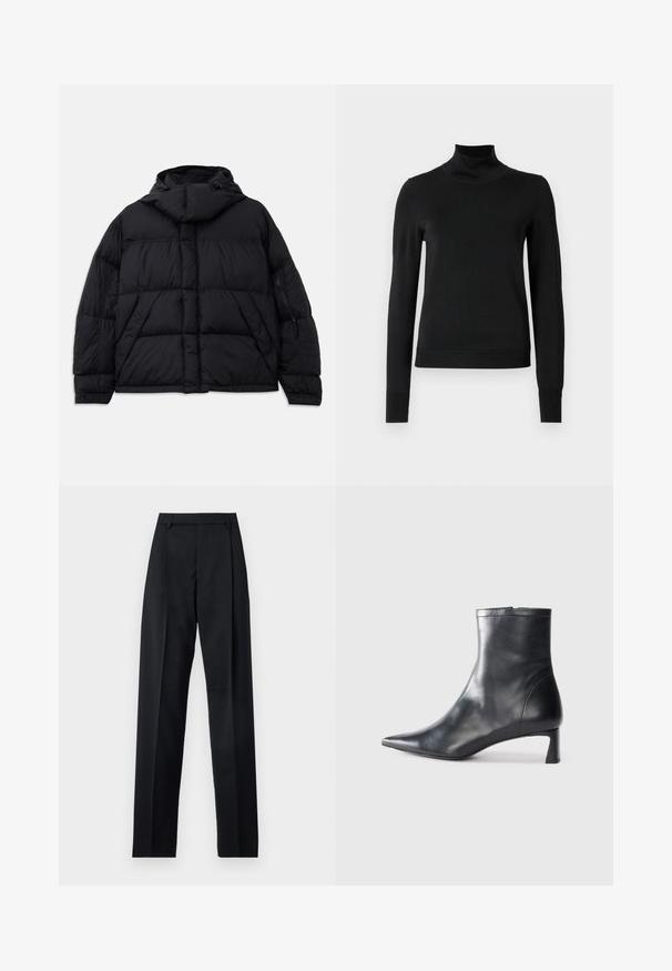 Musta puhvitakki, jossa on huppu, quiltattu pinta, etutasku ja vetoketjulliset sivutaskut. Suunniteltu löysäksi siluetiksi.; Musta pitkähihaisen pooloneuleen, jossa on ribbikuvioiset hihansuut ja helma, esitetty yksinkertaisella valkoisella taustalla.; Musta housut, jotka on valmistettu sileästä kankaasta ja joissa on korkea vyötärö, leveät lahkeet, etukaarteet ja klassiset vyölenkit. Ei näkyviä sivutaskuja.; Musta nahkainen nilkkabotti, jossa on teräväkärkinen muotoilu ja tyylikäs design. Varusteena matala korko ja takana vetoketjukiinnitys. Sileä pinta.