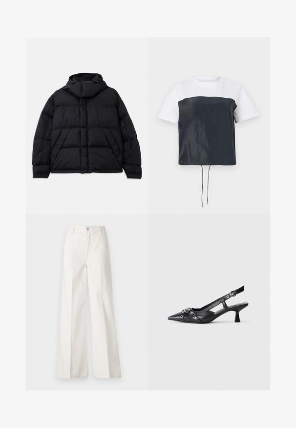 Chaqueta negra de plumas con capucha, que presenta una textura acolchada, un bolsillo frontal y bolsillos laterales con cremallera. Diseñada con una silueta holgada.; Camiseta corta de manga corta con parte superior de algodón blanca y parte inferior de poliéster gris oscuro y brillante, con un dobladillo ajustable con cordón.; Pantalones de pierna ancha blancos hechos de algodón con una textura suave. Cuenta con un botón delantero, cremallera y un diseño de cuatro bolsillos.; Zapato de slingback negro de piel con punta afilada, correas decorativas con ojales de metal y un tacón bajo y ancho. Superficie texturizada.