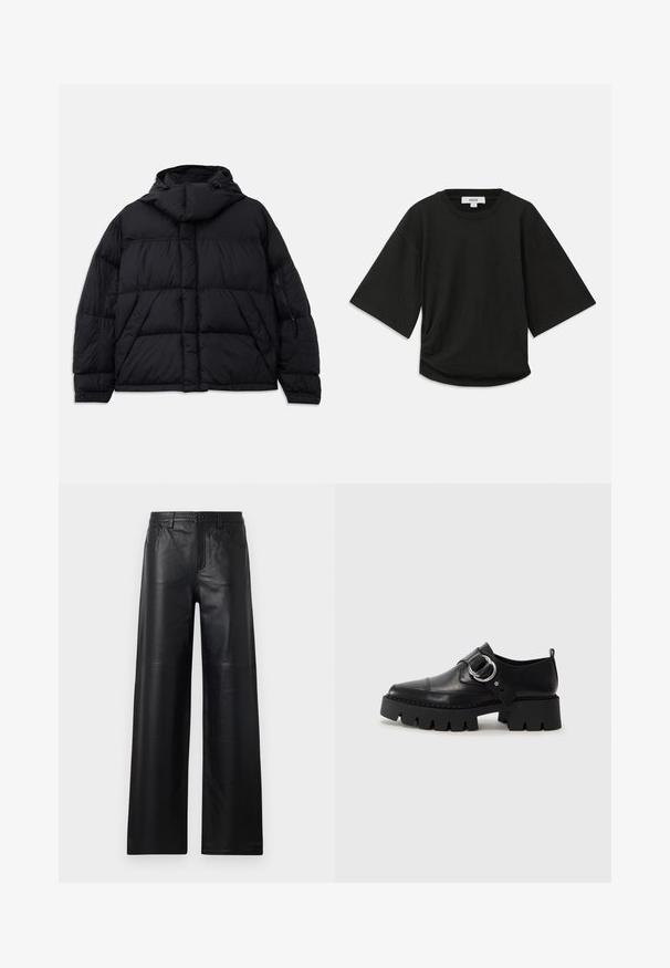 Črna puhovka s kapuco, ki ima quiltano teksturo, sprednji žep in zadrgo na stranskih žepih. Oblikovana je v ohlapni silhueti.; Črna majica s kratkimi rokavi iz mehke bombažne tkanine, ki ima okroglo izrez in sproščen kroj z diskretnim gubanim detajlom na strani.; Široke črne usnjene hlače gladke teksture, s sprednjimi žepi, gumbom za zapiranje in subtilnimi detajli šivanja.; Črne usnjene čevlje z debelim, rebrastim podplatom, ki imajo okroglo srebrno kovinsko dodatno opremo in minimalne šive.
