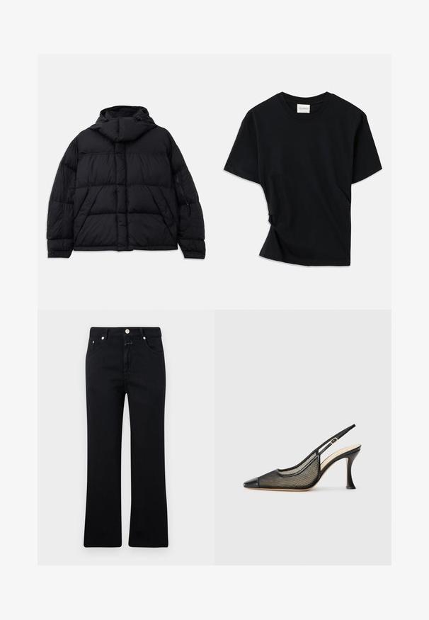 Black puffer jacket with a hood, featuring quilted texture, a front pocket, and zippered side pockets. Designed with a loose silhouette.; Black t-shirt made of soft cotton, featuring a crew neckline, short sleeves, and a slightly twisted design for a relaxed fit.; Black jeans with a straight leg design, five-pocket style, metal hardware, and a soft denim texture. Minimalist and uniform in color.; Black slingback high-heeled shoe featuring a pointed toe, mesh detailing, and a smooth leather cap. Colors include black and beige accents.