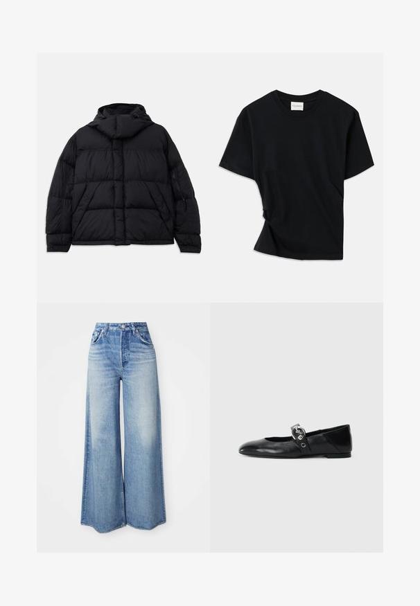 Doudoune noire avec capuche, présentant une texture matelassée, une poche avant et des poches latérales zippées. Conçue avec une silhouette ample.; T-shirt noir en coton doux, doté d'un col rond, de manches courtes et d'un design légèrement torsadé pour une coupe décontractée.; Jean large en denim bleu clair, avec une taille haute, un design à cinq poches, un lavage dégradé et un ourlet effiloché.; Ballerines en cuir noir avec un bout pointu, dotées d'une sangle avec une boucle métallique circulaire et d'une semelle plate.