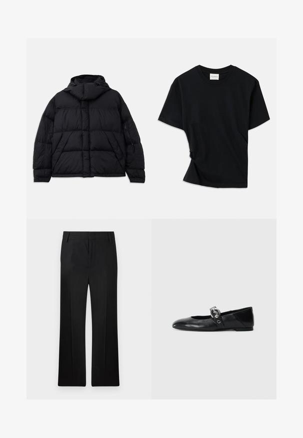 Schwarze Daunenjacke mit Kapuze, mit gestepptem Design, einer Fronttasche und seitlichen Taschen mit Reißverschluss. Entworfen mit einer lockeren Silhouette.; Schwarzes T-Shirt aus weicher Baumwolle mit Rundhalsausschnitt, kurzen Ärmeln und einem leicht gedrehten Design für eine lockere Passform.; Schwarze Hose, gerades Bein-Design, aus glattem Stoff gefertigt. Verfügt über dezente Falten auf der Vorderseite und einen flachen Bund mit Gürtelschlaufen.; Schwarze Ballettflat mit spitzer Spitze, ausgestattet mit einem Riemen und einer runden, metallischen Schnalle sowie einer flachen Sohle.