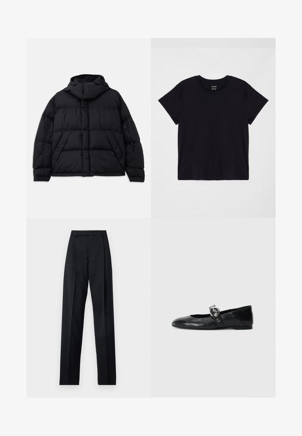 Casaco acolchoado preto com capuz, apresentando textura matelassada, um bolso frontal e bolsos laterais com fecho. Projetado com uma silhueta larga.; Camiseta preta de manga curta feita de algodão macio. Design clássico de gola redonda com uma superfície simples e despretensiosa e um ajuste relaxado.; Calças pretas feitas de um tecido suave, com uma cintura alta, pernas largas, pregas frontais e passadores de cinto clássicos. Não há bolsos laterais visíveis.; Sapatilhas de balé pretas em couro com bico pontiagudo, apresentando uma correia com uma fivela metálica circular e sola plana.