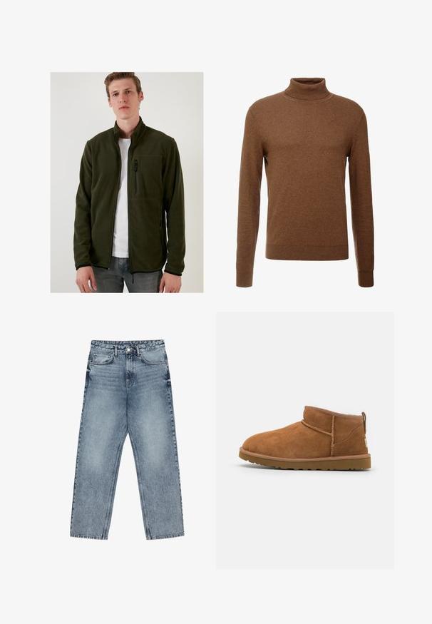 Giacca in pile verde con colletto alto, tasche con cerniera e una consistenza liscia. Presenta cerniere nere e un design aderente.; Maglione dolcevita marrone realizzato in tessuto morbido, con maniche lunghe, polsini a coste e un design aderente senza motivi visibili.; Jeans in denim azzurro chiaro con taglio a gamba dritta, cuciture visibili, design a cinque tasche e chiusura a bottoni in vita.; Stivaletto in camoscio color tan con punta rotonda, dettagli di cucitura discreti e suola in gomma texture. Altezza ridotta senza lacci.