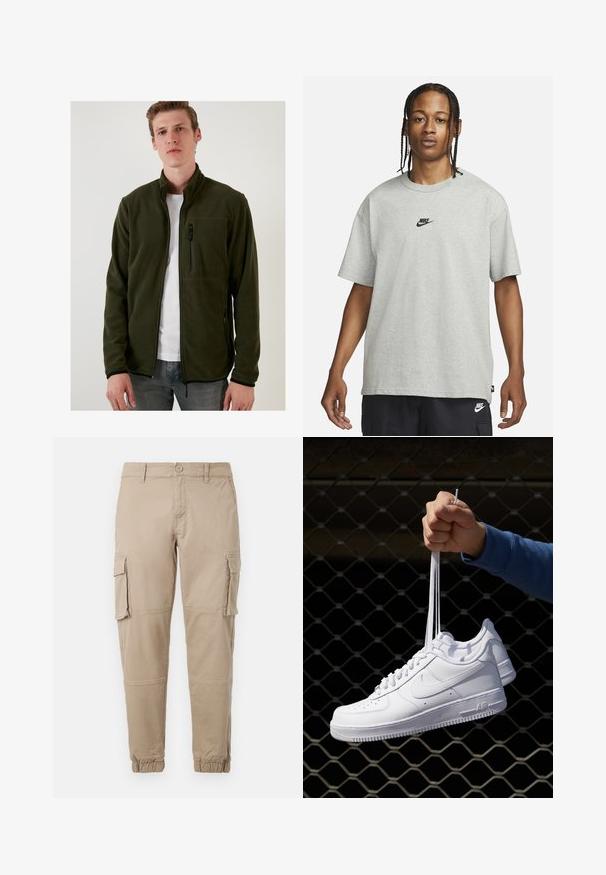Zöld bolyhos dzseki magas gallérral, cipzáras zsebekkel és sima tekstúrával. Fekete cipzárak és karcsú dizájn jellemzi.; Fiatal, fonott hajú személy világosszürke Nike pólót és fekete Nike rövidnadrágot visel, egy sima fehér háttér előtt.; Beige színű cargo nadrág könnyű pamut anyagból. Rugalmas mandzsettákkal, több oldalsó zsebbel és gombos záródással rendelkezik.; Fehér bőr sportcipők perforációval, kerek orral, lapos talppal és vastag fűzőkkel, látható swoosh logóval és "AIR" felirattal a sarokrészen.