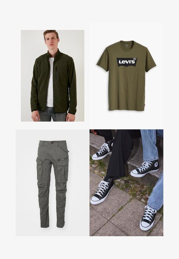 Vihreä fleece-takki, jossa on korkea kaulus, vetoketjulliset taskut ja sileä pinta. Ominaisuuksiin kuuluvat mustat vetoketjut ja istuva muotoilu.; Oliivinvihreä puuvillainen t-paita, jossa suuri musta Levi's-logo kontrastivärisenä puolikaarena rinnalla. Normaali istuvuus.; Housut harmaita cargo-tyylisiä, valmistettu kestävästä kankaasta, useita taskuja, vetoketjungatut yksityiskohdat, nappikiinnitys ja kapeneva lahje.; Mustat korkeat kangaslenkkarit, joissa on valkoiset kumipohjat ja nauhat, sivussa on pyöreä logo, ja ne on yhdistetty farkkuihin ja mustiin housuihin.