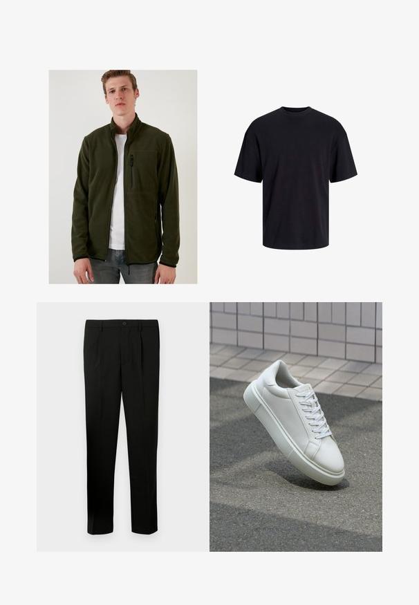 Žalias vilnonis džemperis su aukštu apykakle, užtrauktuko kišenėmis ir lygiu paviršiumi. Yra juodi užtrauktukai ir prigludęs dizainas.; Juodas medvilninis marškinėlis su apvaliu iškirpimu, trumpomis rankovėmis ir laisvu siluetu. Glotni tekstūra, be matomų raštų ar akcentų.; Juoda sutekta kelnė su lygia priekiu, dviem raukšlėmis, mygtuko uždarymu, šoninėmis kišenėmis ir tiesiu pjūviu. Pagaminta iš lygaus audinio.; Balti odiniai sportbačiai su lygiu paviršiumi, apvalia nosimi ir plokščiomis baltomis raištelėmis. Yra tekstūruotas gumos padas ir minimalizmas dizaino elementuose.
