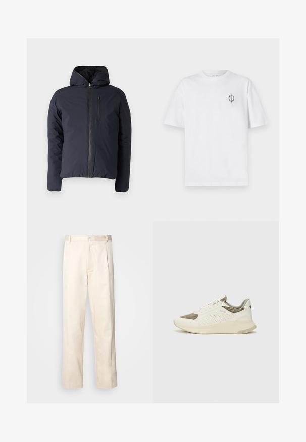 Giacca puffer blu navy con cappuccio, chiusura a zip e tasca sul petto. Presenta una superficie liscia, leggermente lucida con imbottitura isolante.; T-shirt in cotone bianco con vestibilità rilassata, presenta un piccolo logo grafico nero nella zona sinistra del petto. Maniche corte, collo a giro.; Pantaloni in cotone beige con taglio dritto, dotati di chiusura a bottone e pence sul davanti per un tocco di dettaglio in più.; Sneaker atletica bianca e beige chiaro, con tomaia in mesh, dettagli perforati e una suola intermedia texturizzata con marchio sul tallone.