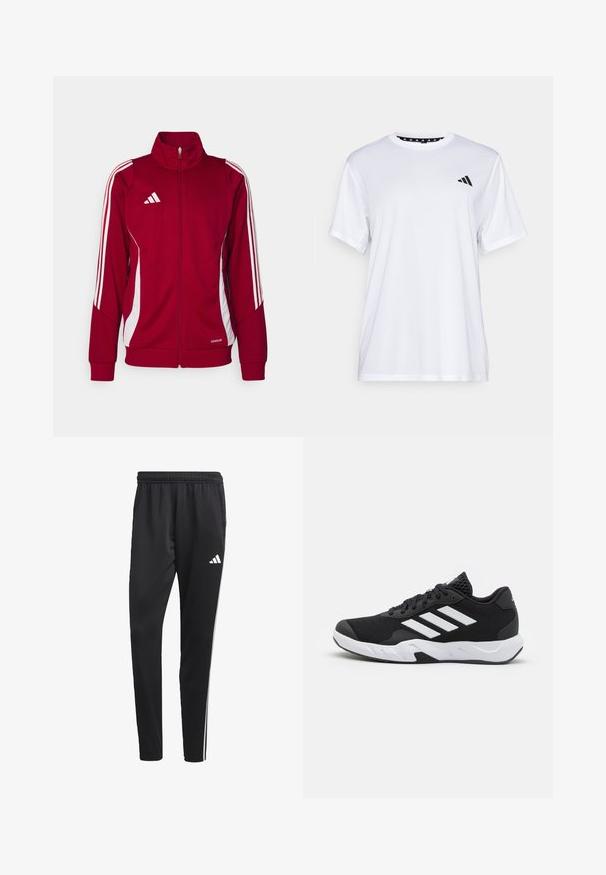 Raudona sportinė striukė su aukštu apykakle, priekiniais užtrauktukais, baltais šonais ir Adidas logotipu ant krūtinės. Pagaminta iš oro pralaidaus medžiagos.; Balta sportinė marškinėliai trumpomis rankovėmis, pagaminti iš drėgmę šalinančios medžiagos. Kairėje krūtinės pusėje yra juodas logotipas, o apykaklės viduje yra raštuotas dizainas.; Juodos sportinės kelnes su tampriu juosmeniu, baltomis šoninėmis juostelėmis ir mažu baltu logotipu ant šlaunies. Pagamintos iš sklandžios, lengvos medžiagos.; Juodi sportiniai batai su tekstūruotu tinkliniu paviršiumi, baltais akcentų dryžiais, paminkštintu padu ir sustiprintu kulnu paramai.