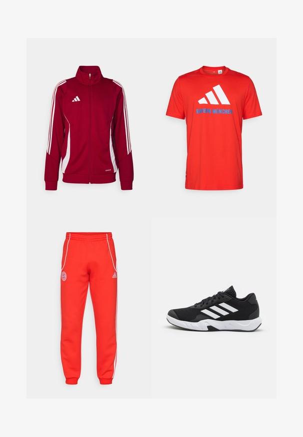 Piros sportdzseki magas gallérral, elülső cipzárral, fehér oldalcsíkokkal és Adidas logóval a mellkason. Lélegző anyagból készült.; Piros pamut póló, fehér háromsávos logóval és "BAYERN MÜNCHEN" felirattal kék színben. Kerek nyakkivágású és rövid ujjú, egyszerű dizájn.; Piros melegítő nadrág gumis derékkal, fehér oldalsávokkal és logó részletekkel a csípőn és az alsó lábszáron. Puha anyagból készült, bordás mandzsettával.; Fekete sportcipők, textúrált hálós felsőrésszel, fehér díszcsíkokkal, párnázott talppal és megerősített sarokkal a stabilitás érdekében.