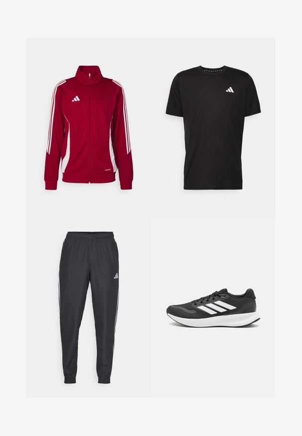 Sarkans sportisks džemperis ar augstu apkakli, priekšējo rāvējslēdzēju, baltām sānu svītrām un Adidas logo uz krūtīm. Izgatavots no elpojoša materiāla.; Melna kokvilnas t-krekls ar īsām piedurknēm, apaļu dekoltē un balto logo uz kreisā krūts. Gluda tekstūra un vienkāršs dizains.; Melni sporta bikses ar elastīgu jostu, kurām abās pusēs ir baltas svītras un maza logo uz gurniem. Gluda tekstūra.; Melnas sporta kurpes ar elpojošu acs augšu, baltām akcentiem un mīkstu zoli. Sānā ir trīs svītru logo.