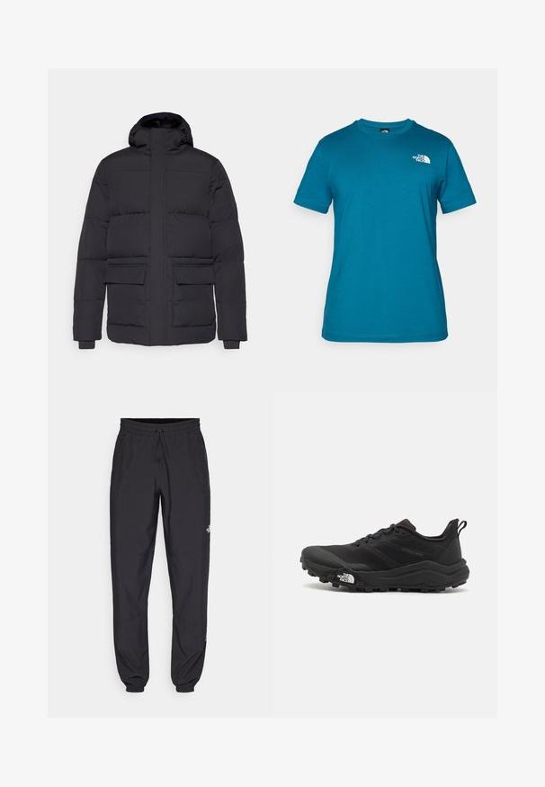 Svart vadmelsjakke med hette, med to frontlommer og ribbede mansjetter. Glatt tekstur med horisontale sømmer.; Teal kortermet t-skjorte laget av myk bomull, med en hvit logo trykket på venstre bryst og en klassisk rund hals design.; Sorte idrettsbukser laget av lett stoff, med snor i livet, sidelommer og smale mansjetter ved anklene.; Svart terrengløpesko med teksturert overdel, gummisåle og forsterket tåhette. Har polstret krage og løftestropp for enkel påkledning.