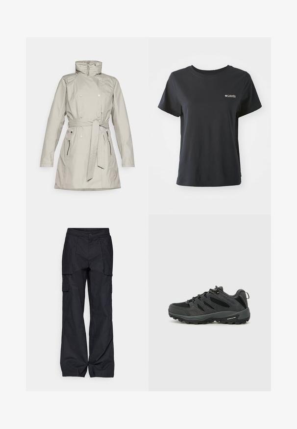 Palton impermeabil, de culoare gri deschis, cu fermoar frontal, guler înalt, design dublu-butonat și curea detașabilă. Prezintă buzunare laterale.; Tricou din bumbac negru, cu mâneci scurte, decolteu rotund și un mic logo alb Columbia Sportswear în zona stângă a pieptului.; Columbia BREA FALLS™ COTTON RIPSTOP PANT - Pantaloni outdoor - black; Columbia REDMOND - Pantofi drumeție - black/citron haze