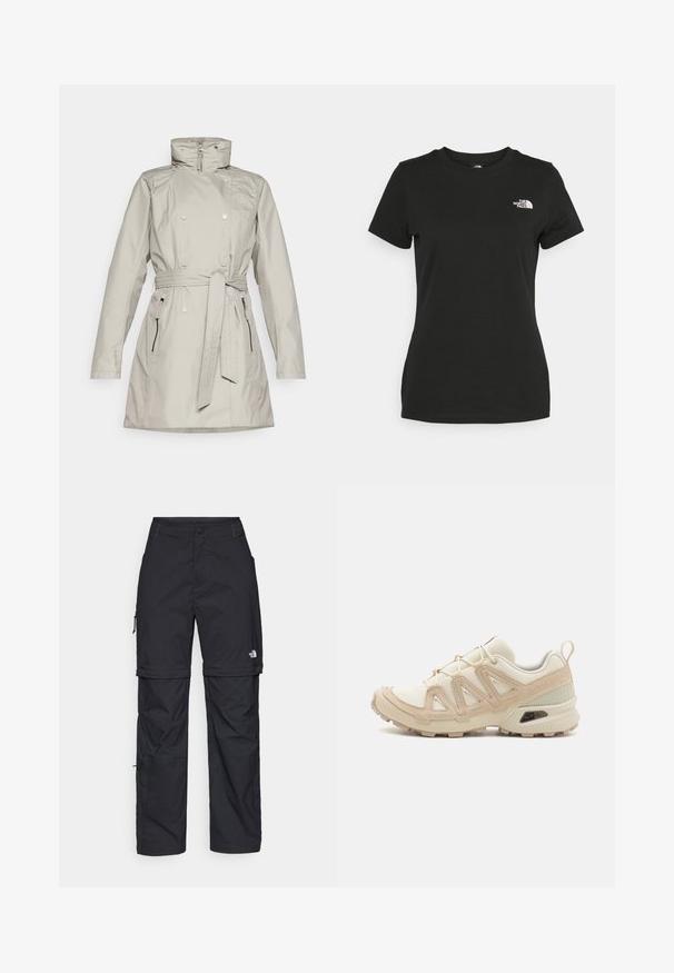 Šviesiai pilkas, nepralaidus vandeniui paltas su užtrauktuku priekyje, aukštu apykakle, dviguba sagčių sistema ir nuimamu diržu. Paltas turi šonines kišenes.; Juodas medvilninis marškinėliai su apvalia apykakle ir trumpomis rankovėmis. Išskirtinis baltas logotipas viršutinėje kairėje pusėje. Sklandus tekstūra, laisvas pritaikymas.; Juodos nailoninės krovinių kelnės su reguliuojamais rankovėmis, daugybe kišenių ir logo ant dešinės kojos. Lygi, lengva tekstūra.; Bežinės ir kreminės spalvos sportinės bateliai su tekstūruoto tinklelio viršutine dalimi, palaikančiomis detalėmis ir guminiais padais, turinčiais raštą, užtikrinantį sukibimą.