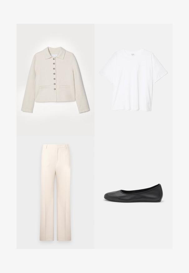 Proenza Schouler White Label EMILIE JACKET IN DOUBLE FACE - Bleiseri - offwhite; Valkoinen puuvillapaita lyhyillä hihoilla, pyöreällä pääntiellä, rentoa tyyliä ja ommeltu helma. Tunniste näkyvissä sisäkauluksessa.; Beige housut, joissa on suora lahjemalli, valmistettu kevyestä kankaasta. Ominaisuuksina etupleatit ja klassinen vyötärönauha.; Musta nahkainen ballerina, jossa on pyöristetty kärki, sileä pinta, minimaalinen ommelkoristelu ja joustava pohjamuotoilu.