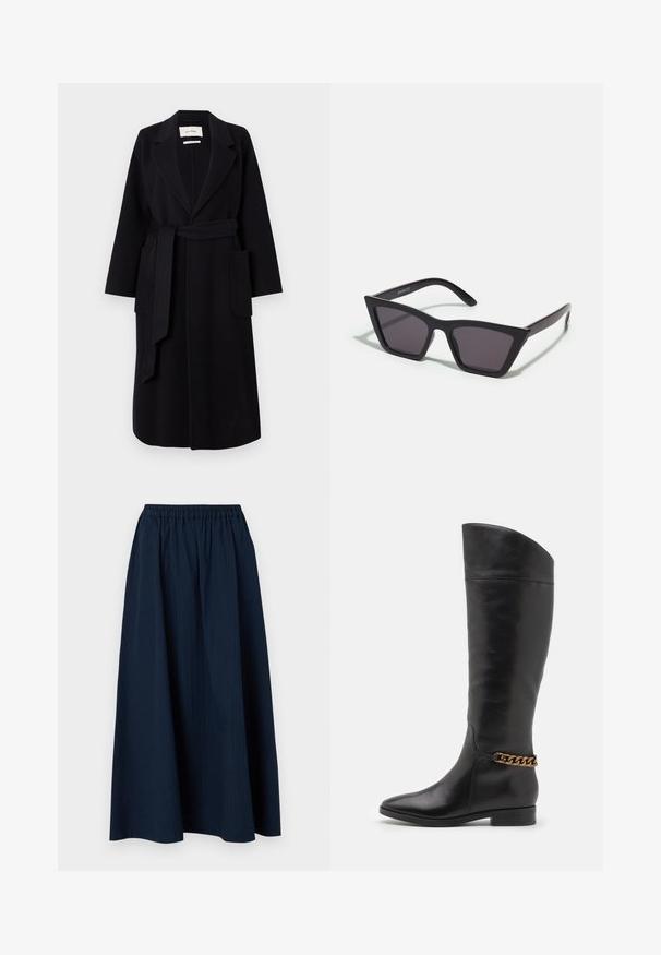 Juodas vilnos mišinio paltas su įpjautu apykaklė, juosmens raišteliu ir dviem šoninėmis kišenėmis. Ilgos rankovės ir tiesi siluetas.; Baltas ilgas rankovėmis marškiniai su mygtukais, pagaminti iš lygaus medvilnės mišinio. Yra klasikinė apykaklė, priekinis mygtukų uždarymas ir apvalios rankogaliai.; Tamsiai mėlyna, ilga sijonas pagamintas iš tekstūruoto audinio su elastinga juosmens juosta ir subtiliomis vertikaliomis juostelėmis.; Aukšti juodi odiniai batai su liekna forma, smailiu smaigaliu ir aukso grandinėlės akcentu ties kulkšnimi. Žemas bloko kulnas. Lygi tekstūra.; Juodos, kampuotos saulės akinios su pilkais stiklais; pagaminti iš plastiko, su storomis šakėmis, turinčiomis lygų paviršių ir be matomų detalių.; Balta klostuota rankinė, pagaminta iš minkštos medžiagos. Su raišteliu uždarymo, pintomis rankenomis ir sidabro spalvos detalių akcentu.