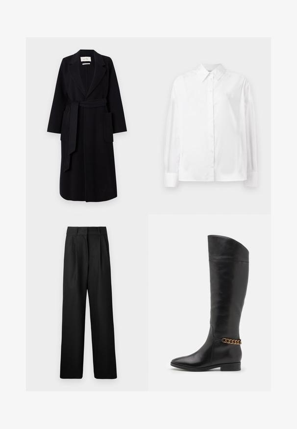 Fekete gyapjú keverék kabát, amely ék alakú gallérral, derékpánttal és két oldalsó zsebbel rendelkezik. Hosszú ujjak és egyenes sziluett.; Fehér, hosszú ujjú, gombos ing sima pamut keverékből. Klasszikus gallérral, elöl gombos záródással és lekerekített mandzsettával rendelkezik.; Fekete, bő szárú nadrág sima textúrával, elől redőzött és magasan ülő derékkal. Könnyű anyagból készült.; Magas fekete bőrcsizma áramvonalas dizájnnal, hegyes orral és arany lánc díszítéssel a bokán. Alacsony, tömbsarkú. Sima felület.
