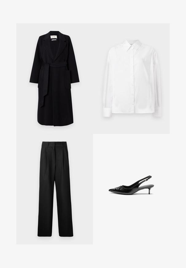 Cappotto in misto lana nero con colletto a revers, cintura in vita e due tasche laterali. Maniche lunghe e silhouette dritta.; Camicia bianca a maniche lunghe con bottone in un morbido mix di cotone. Presenta un colletto classico, chiusura frontale con bottoni e polsini arrotondati.; Pantaloni larghi neri con una texture liscia, caratterizzati da pieghe frontali e un design a vita alta. Realizzati in un tessuto leggero.; Tacchi slingback in pelle nera con punta affusolata, piccolo tacco kitten e un dettaglio a nodo decorativo sulla parte anteriore. Texture liscia su tutta la superficie.