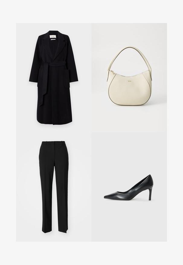 Casaco de mistura de lã preto com colarinho notch, cinto à cintura e dois bolsos laterais. Mangas longas e silhueta reta.; T-shirt branco cropped, mangas curtas e largas, material de algodão suave, decote redondo com um discreto acabamento laranja, design minimalista, sem padrões ou gráficos.; Calças pretas de corte ajustado com um design de perna reta, apresentando uma textura lisa e pregas bem definidas na frente. Sem hardware visível.; Pump de couro preto com bico fino e salto slim, textura suave e sem adornos visíveis. Design limpo com uma estética minimalista.; Saco de mão em tom creme com um acabamento texturizado, forma curva, alça curta e detalhe do logótipo em tom dourado. Fecho com zíper na parte superior.