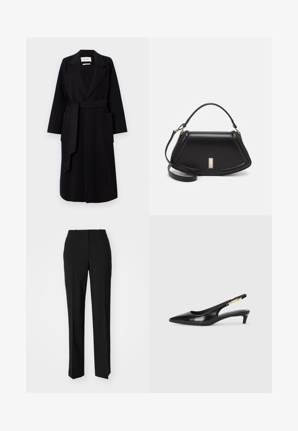 Svart ullblandning kappa med spetskrage, midjeband och två sidfickor. Långa ärmar och rak silhuett.; Svart bomullströja med rund halsringning, korta ärmar och en broderad logotyp på bröstet. Enkel, avslappnad passform utan mönster.; Svarta skräddarsydda byxor med rak benform, med en slät yta och skarpa veck fram. Ingen synlig hårdvara.; Svart läder slingback-hälar med spetsig tå, med en smal klack och en guldtonad detalj på den justerbara remmen. Slät textur.; Svart läderhandväska med en strukturerad design, som har en avskuren form, ett handtag upptill och guldiga detaljer. Justerbar axelrem ingår.