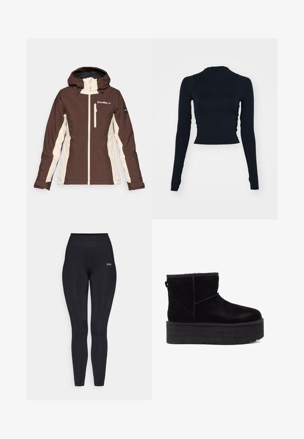 Casaco bicolor castanho e creme com fecho éclair na frente, capuz ajustável e dois bolsos frontais. Logótipo da marca exibido no peito.; Top cropped preto de mangas longas com um decote alto. Feito de um material liso e ajustado, sem padrões ou detalhes visíveis.; Leggings pretas com uma cintura alta, feitas de um tecido liso e elástico. Apresenta um pequeno detalhe de logotipo perto da cintura.; Botas de tornozelo em camurça preta com uma sola de plataforma grossa e forro macio. Acabadas com costuras decorativas e uma alça na parte de trás para facilitar o calçar.