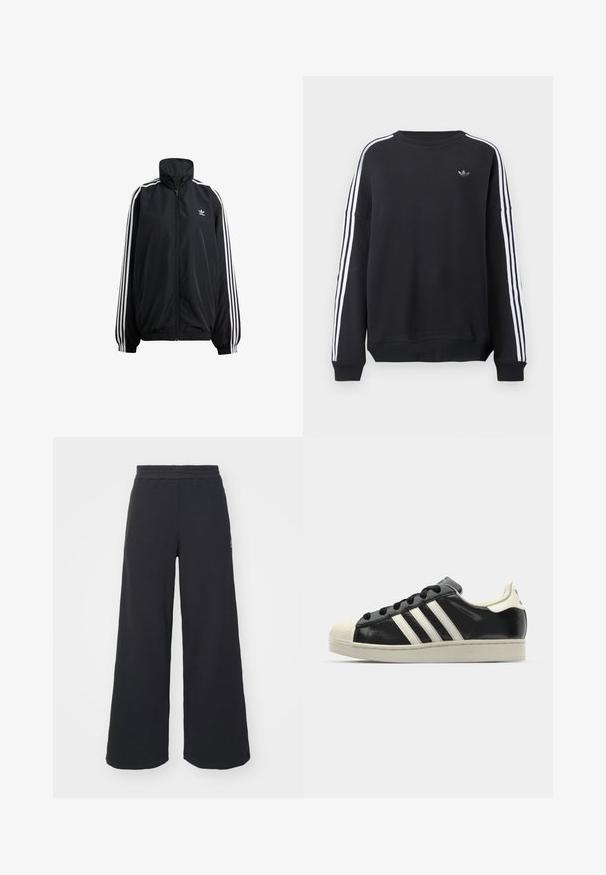 Juodas užtrauktuku užsegamas švarkas, pagamintas iš lengvos medžiagos. Yra aukšta apykaklė, elastinės rankogaliai ir baltos juostelės šonuose. Mažas logotipas ant krūtinės.; Juodas džemperis su ilgomis rankovėmis, baltomis juostomis, einančiomis kiekviena ranka žemyn, ir mažu pilku logotipu ant krūtinės. Medvilnės medžiaga, laisvo stiliaus prigludimas.; Juoda plačių kojų sportinė kelnė, pagaminta iš minkštos medžiagos, su elastinga juosmens juosta ir mažu logotipu kairėje pusėje.; Juodi odiniai sportiniai bateliai su baltais dryžiais, guminis toe kapas, juodi raišteliai ir kreminis padas. Lygus pavirčius su blizgiu finišu.