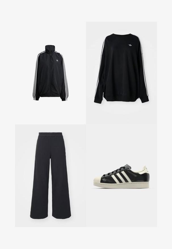Svart jakke med glidelås laget av lett materiale. Har høy krage, elastiske mansjetter og hvite striper nedover sidene. Lite logo på brystet.; Svart oversized sweatshirt i mykt materiale, med hvite striper langs ermene og en liten logo på brystet. Rund hals.; Svart bukse med vid benvidde laget av myk stoff, med elastisk midjebånd og en liten logo på venstre side.; Svarte skinnsneakers med hvite striper, gummitopp, svarte lisser og en kremfarget såle. Glatt tekstur med blank finish.