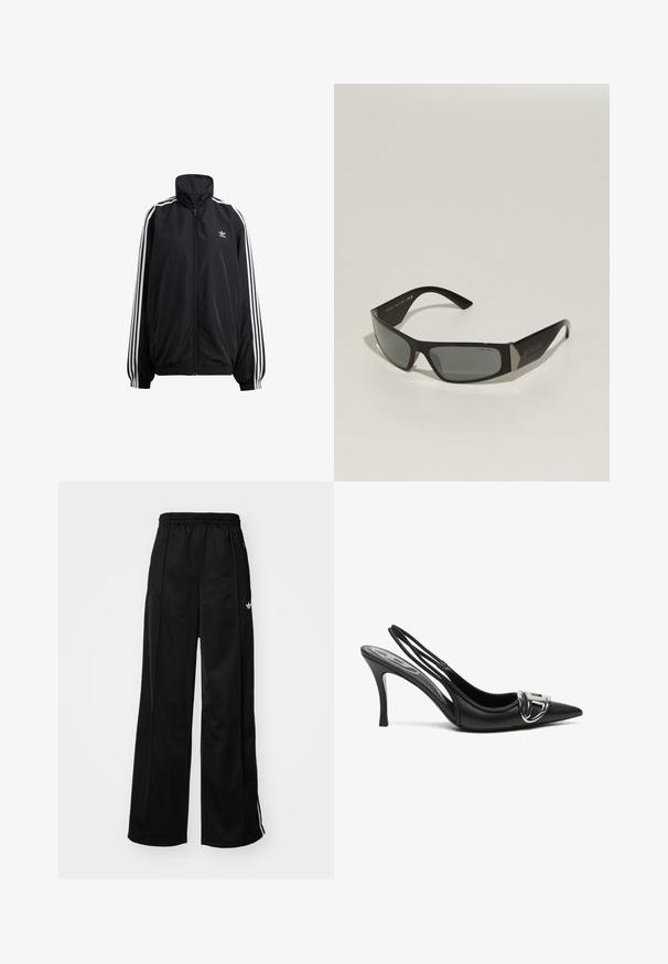 Crna jakna na zatvaranje sa laganim materijalom. Ima visoki ovratnik, elastične manžete i bijele pruge sa strane. Mali logo na prsima.; Bijela uska majica od pamuka, s okruglim izrezom i kratkim rukavima, s svijetloplavim izvezenim logom na prednjoj strani.; Crne široke trenirke s elastičnom gumom u struku, s bijelim bočnim trakama i malim logotipom na lijevom kuku. Glatka tekstura materijala.; Crne slingback pete s šiljastim prstom, s detaljem sjajnog srebrnog kopčanja i tankim potplatom. Glatka kožna tekstura, minimalistički dizajn.; Crne sunčane naočale s pravokutnim oblikom, sivim staklima i metalnim detaljima na stranama. Imaju plastične okvire i glatku teksturu.