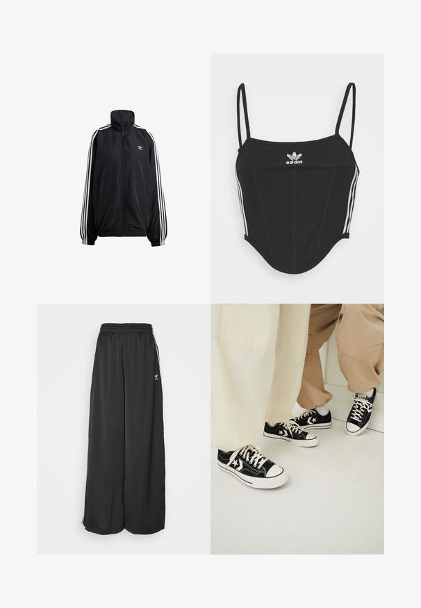Jachetă neagră cu fermoar, confecționată din material ușor. Are un guler înalt, manșete elastice și dungi albe pe laterale. Logo mic pe piept.; Top scurt negru cu nervuri, cu bretele subtiri ajustabile, având trei dungi albe pe laterale și un mic logo alb Adidas în centru.; Pantaloni de trening negri, cu croială lejeră, dintr-un material neted. Dispun de o talie elastică și dungi laterale cu accente ale logo-ului.; Sneakers negre din pânză cu tălpi albe din cauciuc, având accente albe în formă de stea și șireturi negre, asortate cu pantaloni bej deschis și crem.