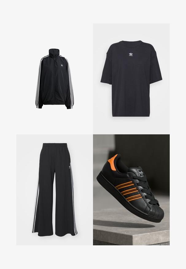 Fekete, könnyű anyagból készült zipzáras dzseki. Magas gallérral, elasztikus mandzsettákkal és fehér csíkokkal a oldalán. Kicsi logó a mellrészen.; Fekete pamut póló rövid ujjakkal, kerek nyakkivágással, mellkason fehér Adidas logóval. Egyszerű dizájn, laza fazon.; Fekete, bő szárú melegítőnadrág, rugalmas derékkal, fehér oldalsávokkal és hímzett logóval a bal combon.; Fekete sportcipő narancssárga részletekkel, három vízszintes csíkkal, texturált bőr felsőrésszel, gumis orral és fekete fűzőkkel.