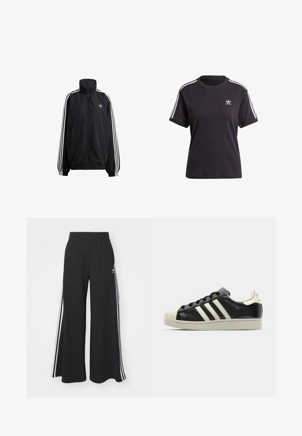 Črna zadrgo zapeta jakna iz lahkega materiala. Ima visok ovratnik, elastične manšete in bele črte po straneh. Majhna blagovna znamka na prsih.; Črna bombažna kratkotrajna majica s kratkimi rokavi in okroglim izrezom, ki ima bele črte na ramenih in majhno belo Adidasovo logo na prsih.; Črne široke trenirke z elastičnim pasom, ki imajo bele stranske proge in vezeno logo na levi stegna.; Črne usnjene superge z belimi črtami, gumijastim pokrovom za prste, črnimi vezalkami in kremasto obrobo podplata. Gladka tekstura z sijočim zaključkom.