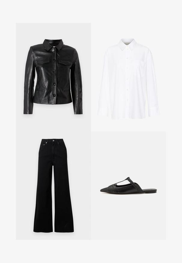 Black leather jacket with a collar, front button closure, two chest pockets, and side pockets. Smooth texture with a fitted silhouette.; White long-sleeve collared shirt made of cotton. Features a button-down front and a single chest pocket. Smooth texture, relaxed fit.; Black wide-leg jeans made from denim, featuring a high waist, five pockets, front button closure, and minimal stitching details.; Black leather slingback shoe with a pointed toe, featuring a woven accent and pleated upper design. Flat sole with minimal hardware.