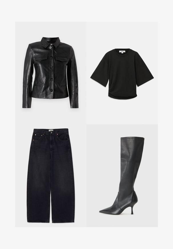 Jaqueta de couro preto com colarinho, fecho frontal com botões, dois bolsos no peito e bolsos laterais. Textura suave com silhueta ajustada.; Camiseta preta de manga curta feita de algodão macio, com decote redondo e um corte descontraído, apresentando um detalhe ligeiramente franzido na lateral.; Calças de ganga pretas de perna larga com botões de cobre, dois bolsos frontais e uma textura suave. Design limpo com um corte reto.; Botas de couro pretas até ao joelho, com bico apontado e um salto stiletto fino. Textura suave com design ajustado e costura na borda superior.