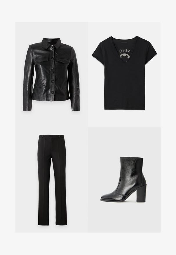 Schwarze Lederjacke mit Kragen, vorderer Knopfverschluss, zwei Brusttaschen und Seitentaschen. Glatte Textur mit taillierter Silhouette.; Schwarzes T-Shirt mit kurzen Ärmeln und tiefem V-Ausschnitt, ausgestattet mit einem Netzpanel und einem Druckdesign auf der inneren Schicht. Weicher, atmungsaktiver Stoff.; Schwarze maßgeschneiderte Hose mit geradem Bein, zwei vorderen Taschen, einem Knopfverschluss und unteren Falten vorne. Glatte Stofftextur.; Schwarze Leder-Stiefelette mit glatter Textur, spitzem Fuß und klobigem hohen Absatz. Verfügt über eine seitliche Öffnung und ein minimalistisches Design.