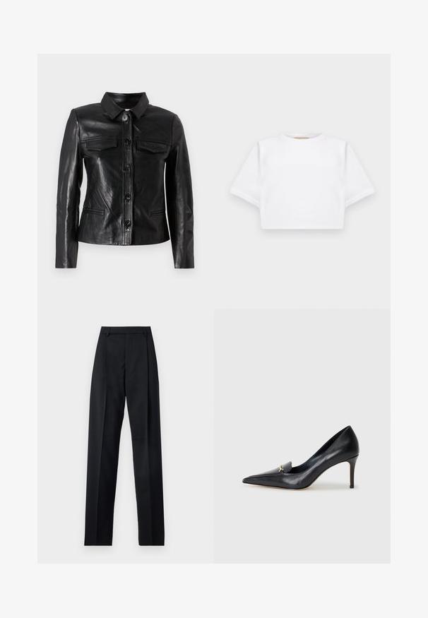 Black leather jacket with a collar, front button closure, two chest pockets, and side pockets. Smooth texture with a fitted silhouette.; Cropped white t-shirt made of soft fabric, featuring short sleeves, a round neckline, and ribbed hem details. Simple and unembellished design.; Black trousers made from smooth fabric featuring a high waist, wide legs, front pleats, and classic belt loops. No side pockets visible.; Black leather pump with a pointed toe, low-cut vamp, and a decorative gold accent. Features a stiletto heel and smooth texture.