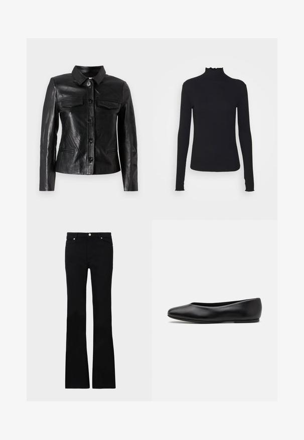 Czarna skórzana kurtka z kołnierzem, zapinana na guziki z przodu, posiadająca dwie kieszenie na piersi oraz kieszenie boczne. Gładka tekstura i dopasowany krój.; Czarny, długi rękaw, golf z gładkiego materiału, z falbaniastym kołnierzem i dopasowanym krojem z prostymi brzegami.; Czarne dzwony z denimu, z dwoma przednimi kieszeniami, zapięciem na guzik i gładką fakturą. Widoczne charakterystyczne szycie na szwach.; Paul Smith TOPANGA czarny