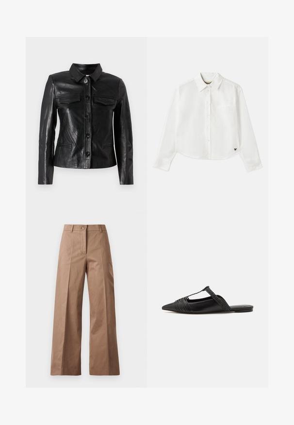 Črna usnjena jakna s ovratnikom, sprednjim zapiranjem na gumb, dvema žepoma na prsih in stranskima žepoma. Gladka tekstura in prilegajoč silhuet.; Bela skrajšana srajca z dolgimi rokavi iz bombaža. Ima sprednje gumbke, žep na prsih in majhen črn logo na spodnjem levem delu.; Rjave široke hlače iz gladkega materiala, z zapiranjem spredaj na gumb, dvema sprednjima žepoma in čistimi, postavljenimi linijami.; Črne usnjene sandale s priponko, koničastim nosom in tkano dekoracijo ter gubanjem na zgornjem delu. Ravna podplata z minimalno opremo.