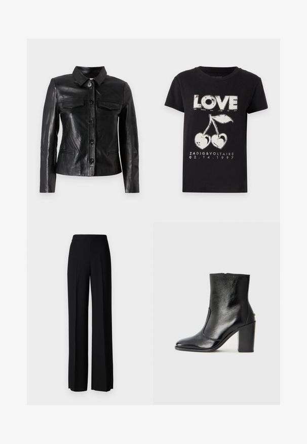 Fekete bőrkabát, gallérral, elülső gombos záródással, két mellyzsebbel és oldalsó zsebekkel. Simább textúrájú, testhezálló fazon.; Fekete pamut póló, amelyen a "LOVE" szó fehér grafikával van nyomtatva, két cseresznyével és szívformával, valamint márkanevével és dátumával.; Fekete, széles szárú nadrág sima tapintással, magas derékkal és középen pliszével. Nincsenek látható minták vagy fém részletek.; Fekete bőr bokacipő sima textúrával, hegyes orral és vastag, magas sarkával. Oldalnyílással és minimalista dizájnnal rendelkezik.
