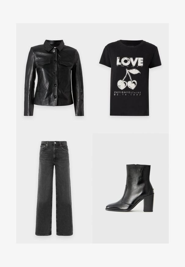 Jachetă din piele neagră cu guler, închidere cu nasturi pe față, două buzunare la piept și buzunare laterale. Textură netedă cu o siluetă ajustată.; Tricou negru din bumbac, cu un print grafic alb al cuvântului "DRAGOSTE" și două cireșe cu o formă de inimă, împreună cu textul brandului și data.; Jeans din denim negri, cu talie înaltă, drepti, cu nasture și fermoar frontal, două buzunare frontale și două buzunare pe spate.; Botină din piele neagră, cu o textură netedă, vârf ascuțit și toc gros, înalt. Dispune de o deschidere laterală și un design minimalist.
