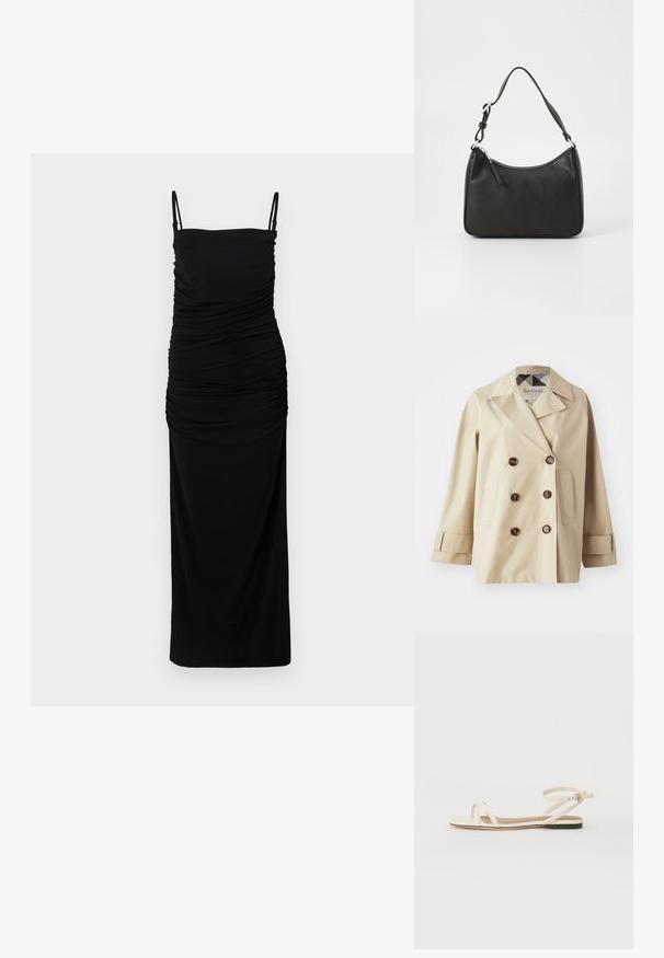 Barbour MAISY SHOWERPROOF JACKET - Vízálló dzseki - light sand/safari tartan; Fekete, ráncolt maxi ruházat vékony vállpántokkal és testhez simuló szilhouettel. Puha, sima anyagból készült, enyhe rugalmassággal a kényelem érdekében.; Krém színű bőr lapos szandálok vékony keresztpántokkal, csattal ellátott bokapánt, minimalista dizájn és kontrasztos fekete talp.; Fekete bőrtáska ívelt formával, egyetlen pánttal, cipzáras záródással és diszkrét logóval az elején. Simább textúra, minimalista dizájn.