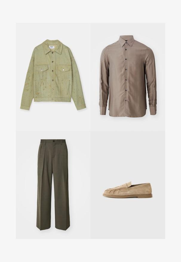 Vihreä farkkutakki, jossa on napitettava etuosa, kaksi rintataskua ja näkyviä kuluneita kohtia. Varustettu metallisilla yksityiskohdilla ja kauluksella.; Pitkähihaisessa paidassa on taupe-väri, se on valmistettu sileästä kankaasta ja siinä on napitettava etuosa tummilla napeilla. Rinnassa on pieni logo.; Filippa K WIDE TROUSERS - Housut - driftwood; Beige mokasíny z semišu s nabraným designem, s plochou podrážkou a dekorativním páskem přes nárt. Hladký povrch.